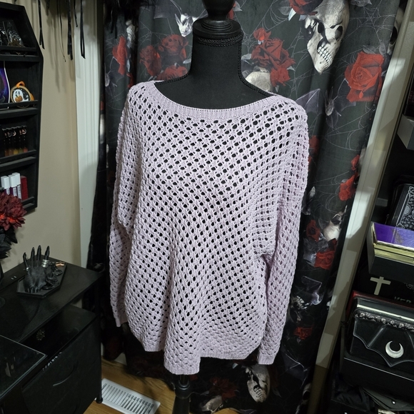 None Sweaters - Elegant Lilac Open-Knit Sweater
